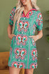 Mint Green Geometric Butterfly Print Split Neck Short Sleeve Dress
